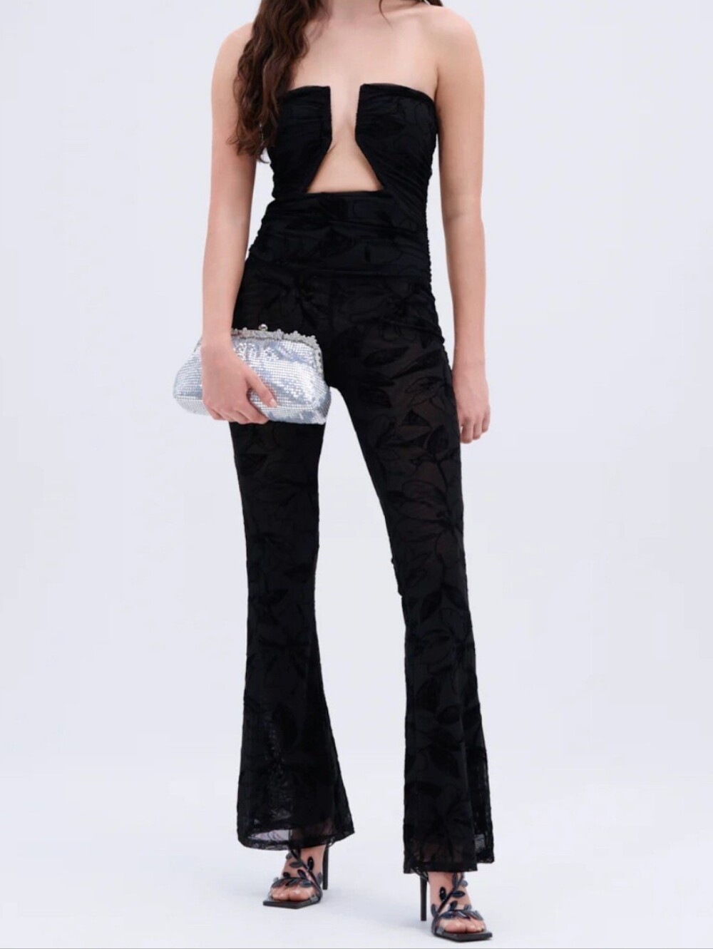 NWT Akira Bari Velvet Jumpsuit Strapless Flare Leg Cut Out Plunge Neckline SM